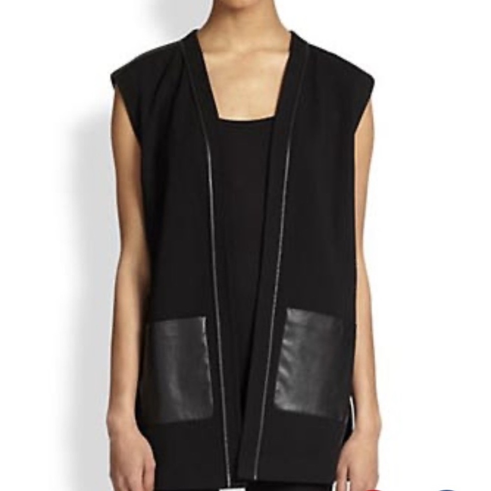 Lafayette 148 Dark Gray Black Faux Leather Open Long Vest M